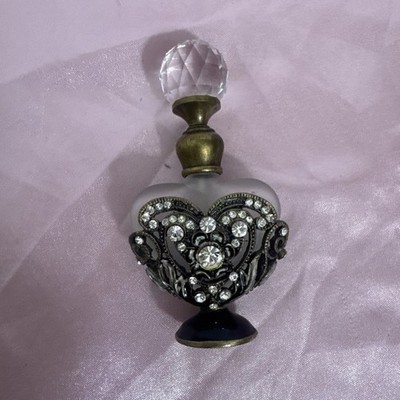 Refillable Perfume Bottle Frosted Glass Filigree Metal Rhinestone Heart Shape