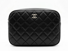 CHANEL Large Cosmetic Pouch A80910 Black Quilted Lambskin Silver Hardware