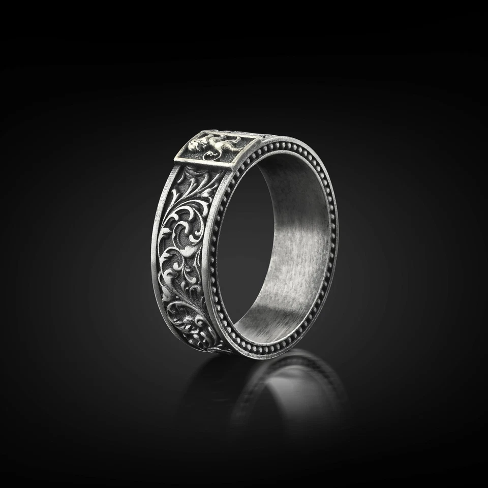 Bague bande lion rampante en argent sterling oxydé lion zodiaque hommes bijou... - Photo 3/4