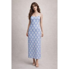 VTG 90s Y2K Express Blue Geometric Polka Dot Spaghetti Strap Maxi Dress Small