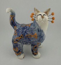 WhimsiClay 2001 Amy Lacombe Annaco Creations Blue Fish Symbol Cat 5.25  Figurine