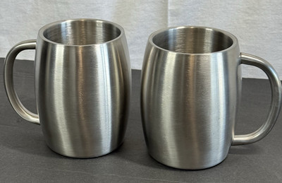 2 Stainless Double Wall Beverage Cup. Coffee Mug w/handles Brushed Finish, 12 oz