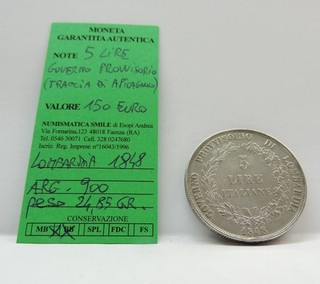 MONETA IN ARGENTO DA 5 LIRE 1848 LOMBARDIA (GOV. PROVVISORIO) PESO 24 85 GR.