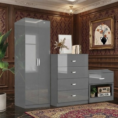 Hochglanz 3tlg. Schlafzimmermöbel Nachttisch Kleiderschrank Set Kommode