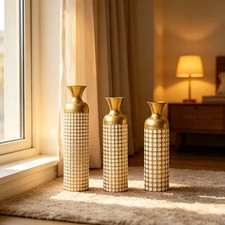 32.68/25.98/19.69 In. Gold Metal Vases W/ Fan Pattern (Set of 3),Tall Cylinder F