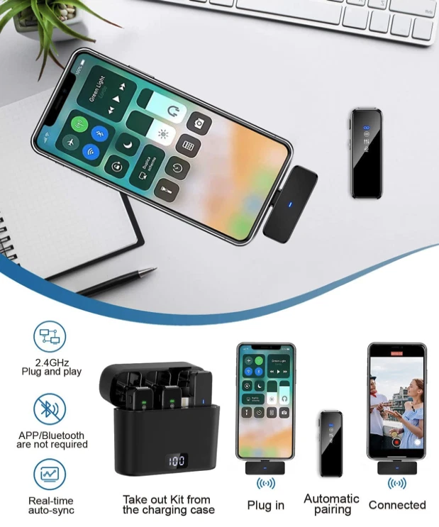 2Pack Kabelloses Lavalier-Mikrofon mit Ladetasche Wireless Ansteckmikrofon mini - Bild 2 von 4