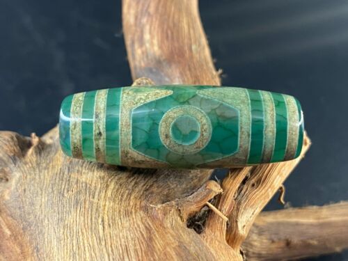 Ciondolo perline DZi vecchia agata verde tibetano *dente di tigre 3 occhi* 39 mm N10 - Foto 2 di 7