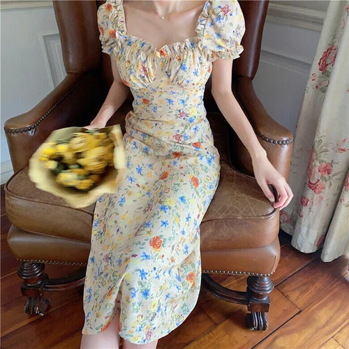 Damen Blumen Tee Kleid Puff Kurzarm Chiffon Rüschen Midi Retro Mode Freizeit - Bild 5 von 8