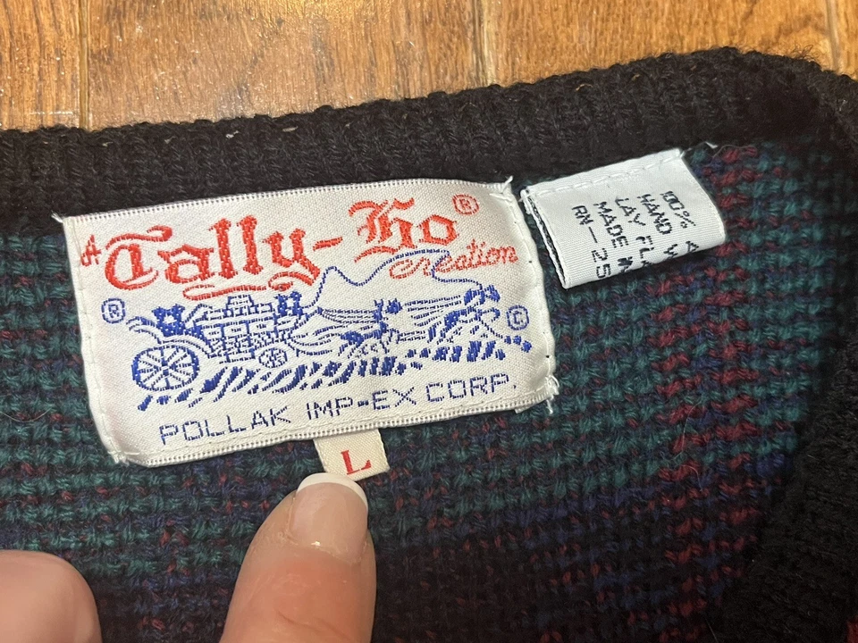 Cárdigan Suéter Vintage Años 80 Tally-Ho Pollak Granny Cuadros Verde Rojo Azul Botones L Foto 3 de 4