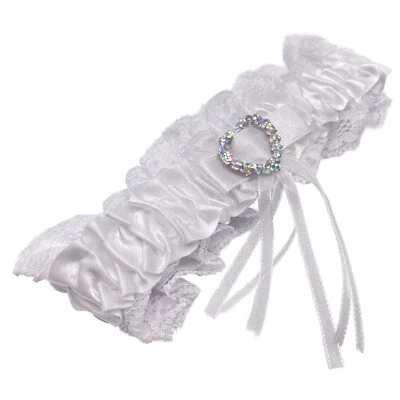 White Lace Bridal Garter with Ribbon & Sparkling Heart - Wedding/Hen Party - Image 1 of 2