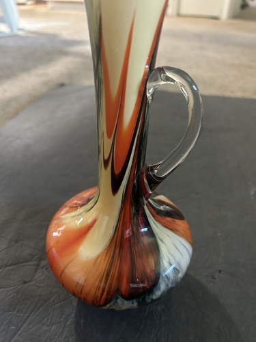 Vintage Mid-Century 10” Art Glass Pitcher Orange/Black/Cream - Picture 4 of 6