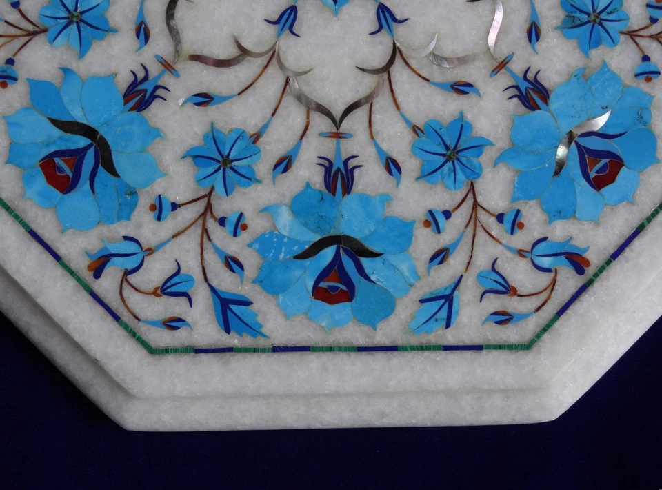 12" Marble Table top Semi Precious Stones turquoise floral inlay Work home decor - Image 3 of 4