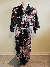 Vtg Japanese Kimono Satin Robe Duster Mei Yesida 90s One Size Black Pink Peacock