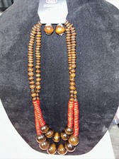 Brown And Red Wooden Beads Necklace With Earrings