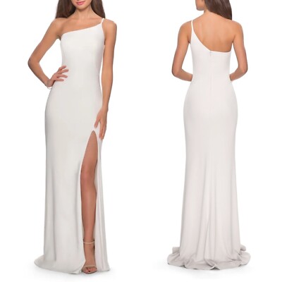 NEW LA FEMME White ONE SHOULDER Jersey SLIT Evening Dress SULTRY Wedding GOWN 8