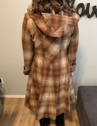 Vintage karierte Wolle/Tweed? Langer Mantel mit Knopfleiste mit Schal & Kapuze braun orange 70er Jahre - Bild 7 von 16