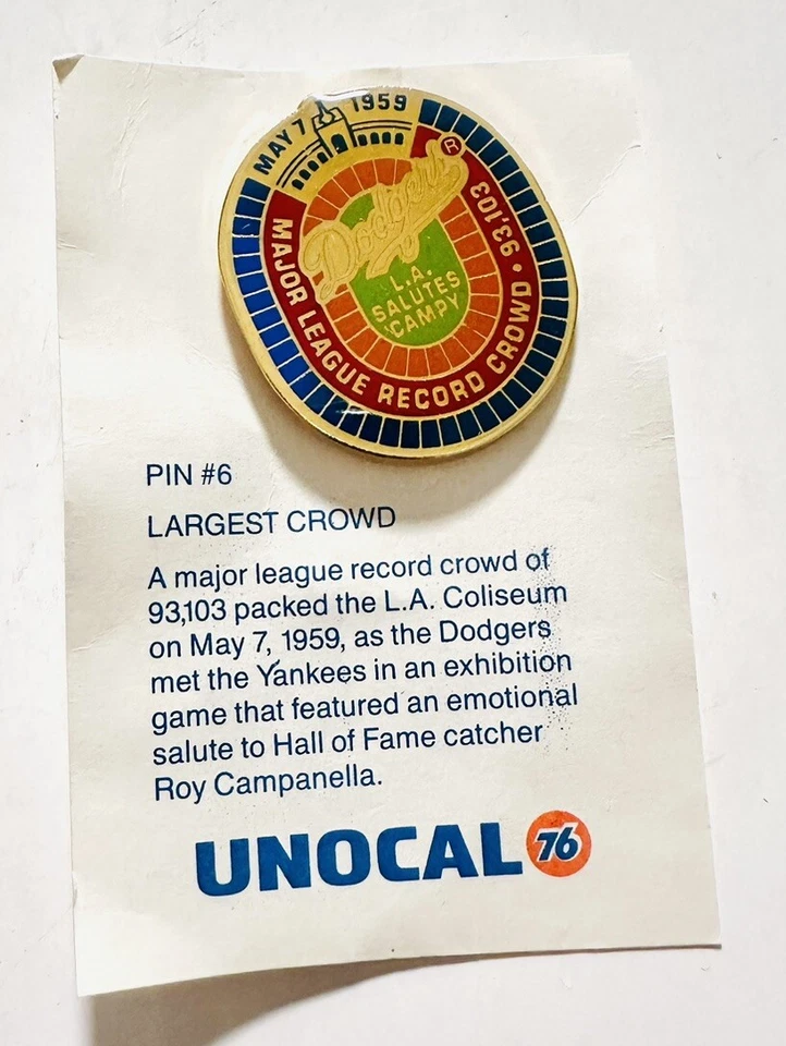 Dodgers vs. Yankees 1959 Unocal 76 Pin #6 Largest Crowd NEW Collectible - Image 2 of 4