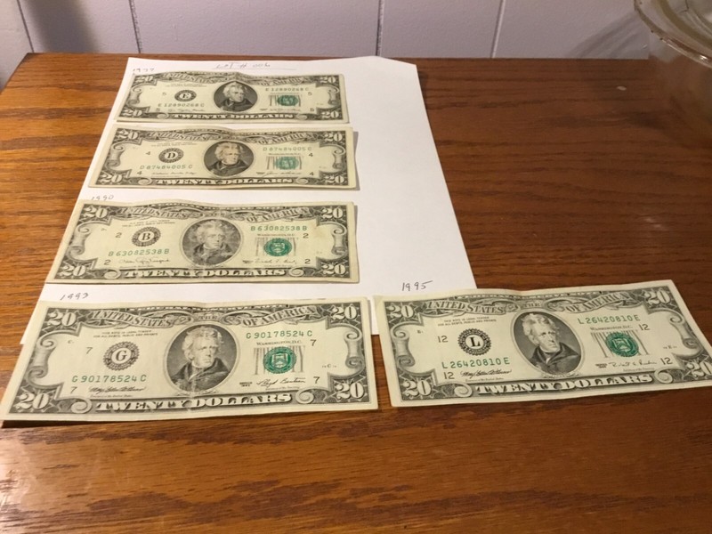 20 Dollar Bills (Lot of 5) Vintage Small Face 70s/90s Notes  $100 Face Value