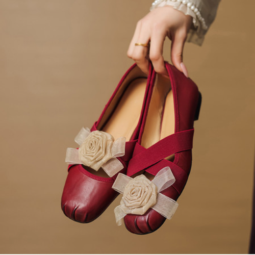 Womens Fashion Leather Round Toe Flower Crossover Elastic Strap Ballet Shoes - Picture 4 of 8
