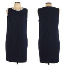 Cynthia Rowley Shift Dress L Blue Textured Modest Sleeveless Necklace Collar