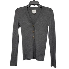 G. Label by Goop GWYN Gray Merino Wool Ribbed Henley Nate Long Sleeve Top FLAW