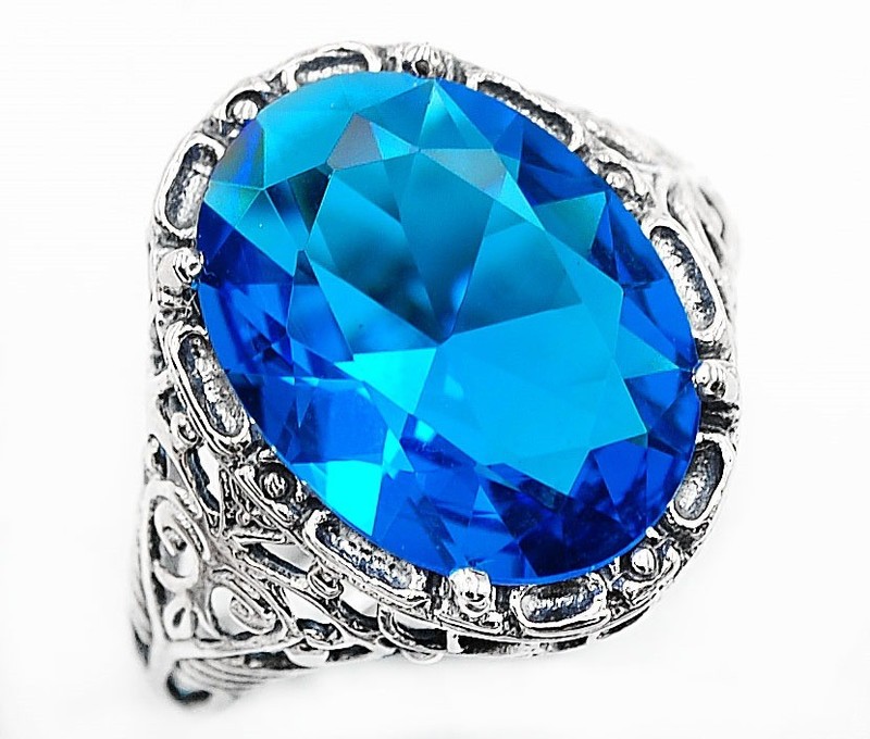 Heat Treated 12CT Blue Topaz 925 Sterling Silver Edwardian Look Ring Sz 9 Z6-1