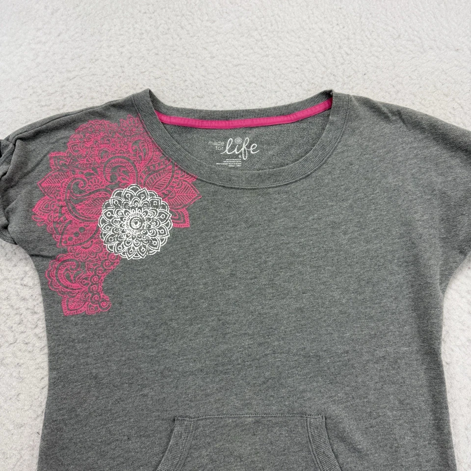 Made for Life Sweatshirt Womens Medium M Gray Pink Short Sleeve Pullover - Image 3 of 4