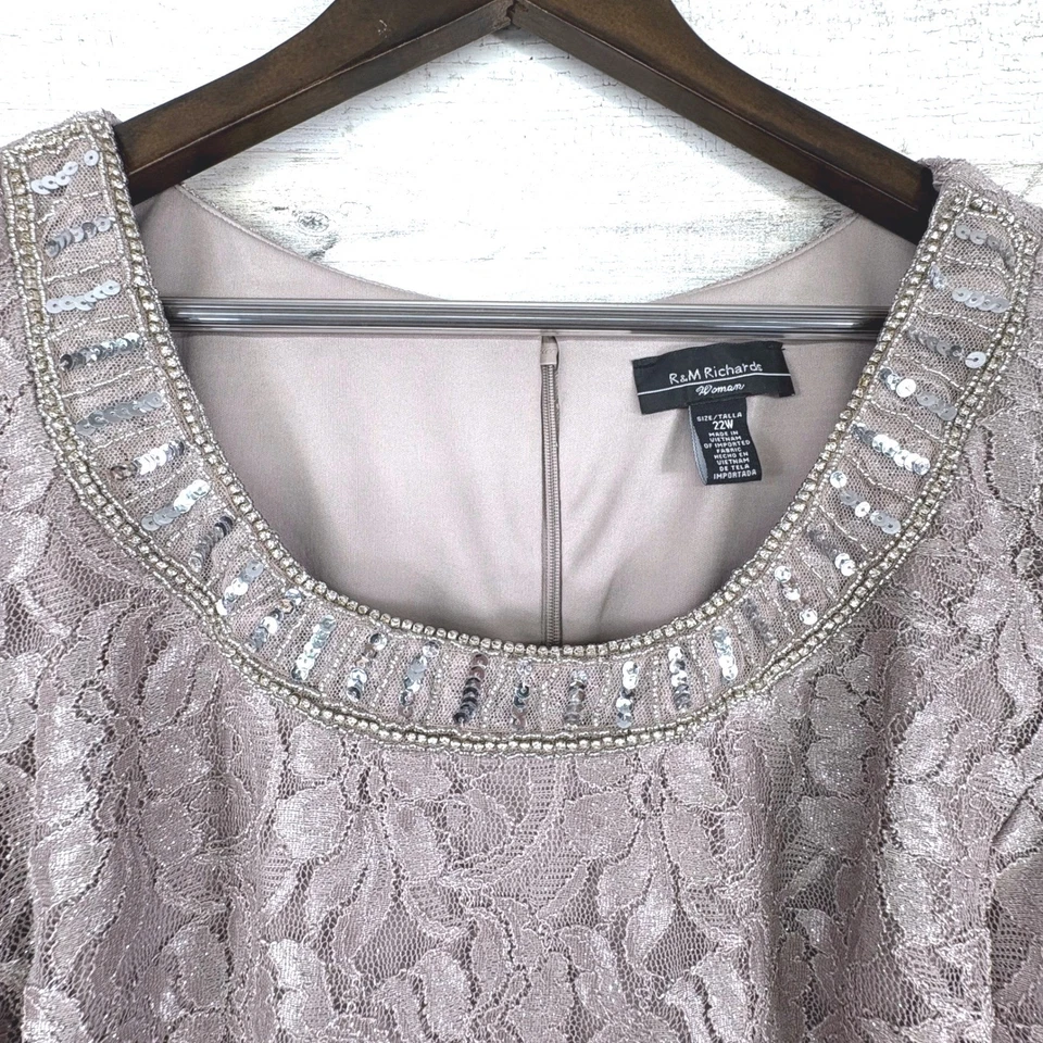 Vestido de Noche R&M Richards 22W Brillo Rosa Encaje Lentejuelas Cuentas Formal Foto 3 de 4