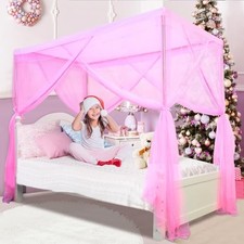 Twin Canopy Bed Curtains for Girls, 4 Post Princess Bed Canopy, Pink Bed