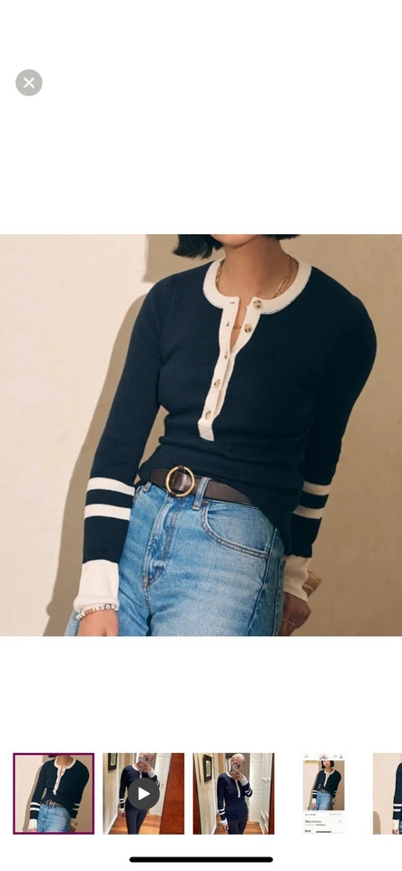 Faherty Women's Mikki Henley Navy and White Striped Cotton Cashmere Sweater XS - Image 2 of 4