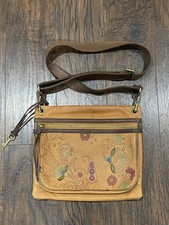 Fossil Vintage Brown Leather Crossbody bag Purse Embossed Floral Design Boho