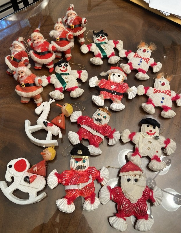 VTG Mixed Lot of 16 Flocked Blow Mold Made In Hong Kong Christmas Ornaments