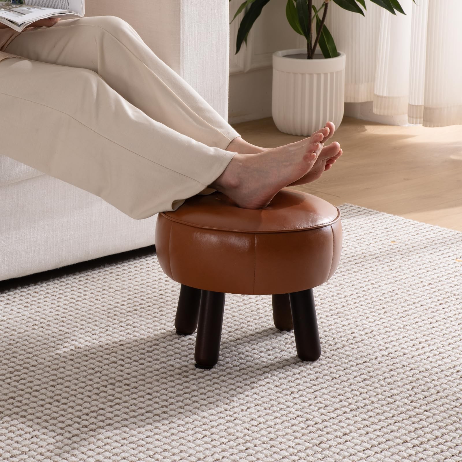 Small Foot Stool, Round Faux Leather Pouf Ottoman Foot Rest, Footstool Ottoma...