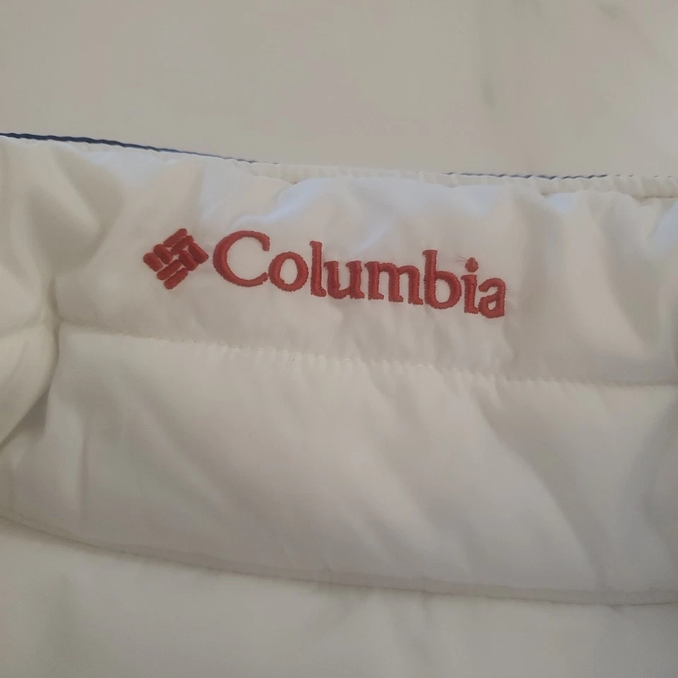 Chaleco Columbia Puffer Jayhawks Mujer Mediano/Grande Blanco Azul Reversible KU DE COLECCIÓN Foto 3 de 4