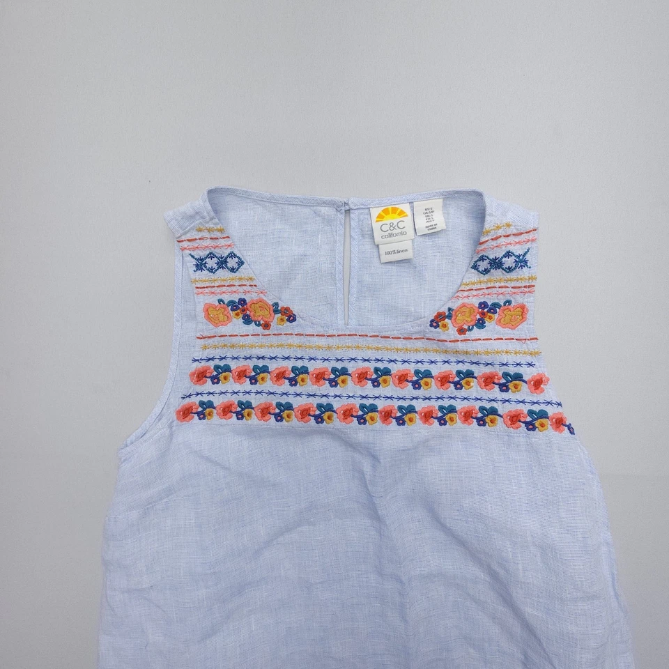 Vestido de lino C&C California para mujer pequeño azul bordado floral costero playero Foto 3 de 4
