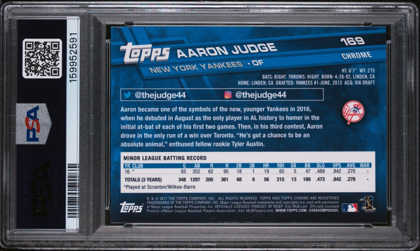 AARON JUDGE 2017 TOPPS CHROME PRISM REFRACTOR RC #169 PSA 10 GEM MINT! 159952591 view 2