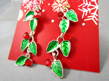 New Dangling Red Rhinestones Green Enamel Christmas Mistletoe Hook Earrings 202T