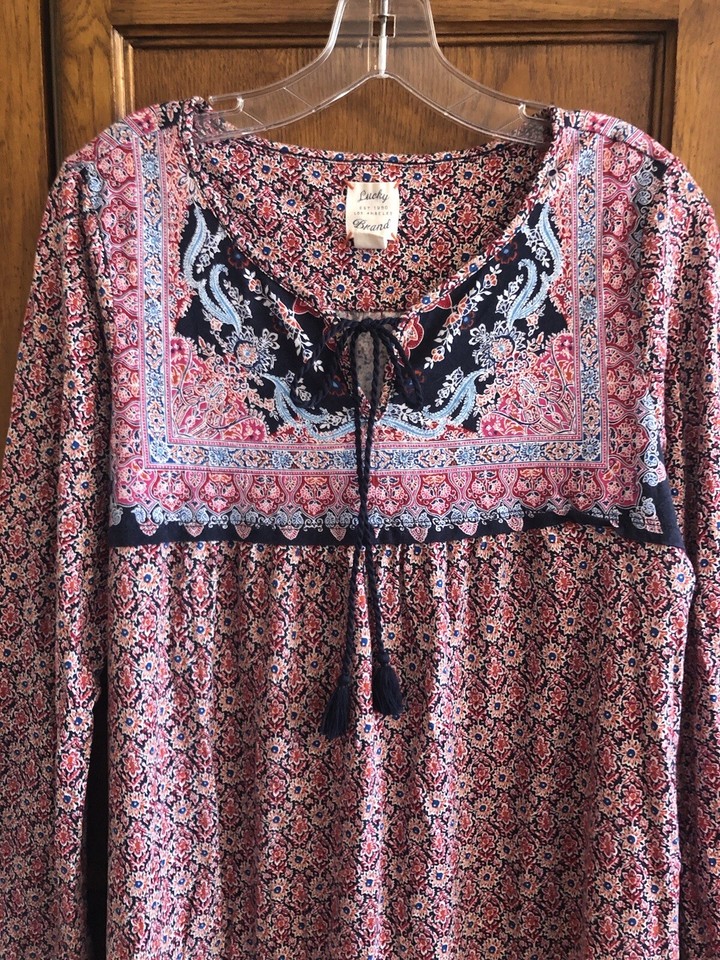 Lucky Brand Floral Paisley Night Sleep Shirt Size Large Tassel Tie