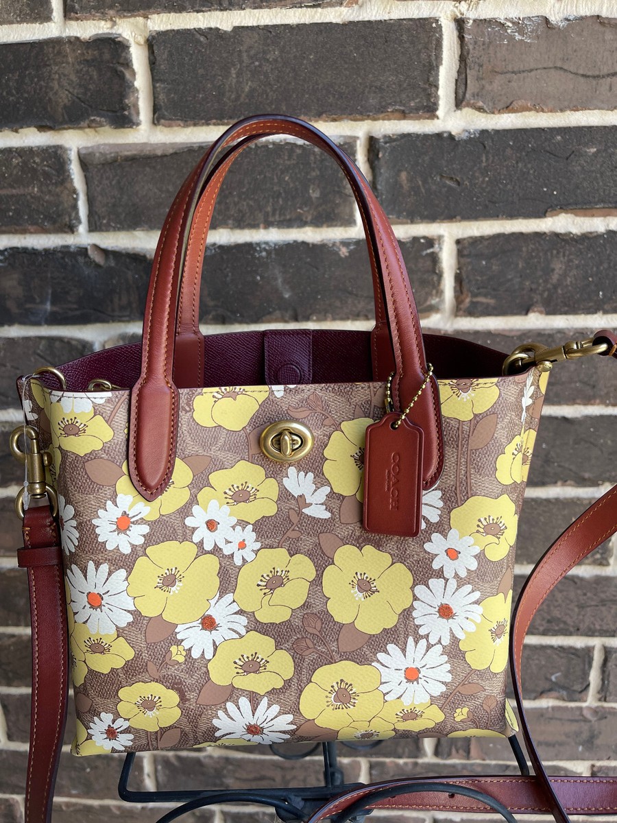 NWT COACH Willow Signature Logo Floral Print Tote Tan Rust
