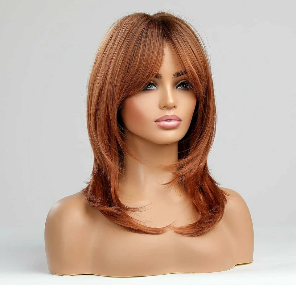 Peluca Larga Capas Recta con Golpes Castaño Rojizo/Cobre/Rojo Cabello Resistente al Calor Foto 2 de 4