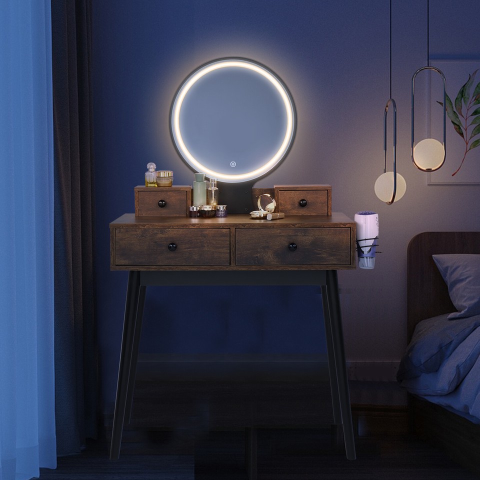 Rustic Brown Makeup Vanity Set with Screen Lighted Mirror and Stool 4