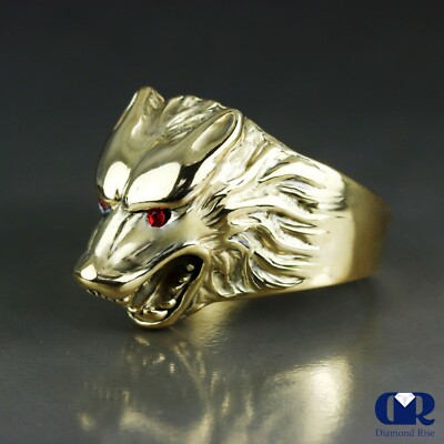Men's Ruby 14K Solid Yellow Gold Wolf Pinky Ring