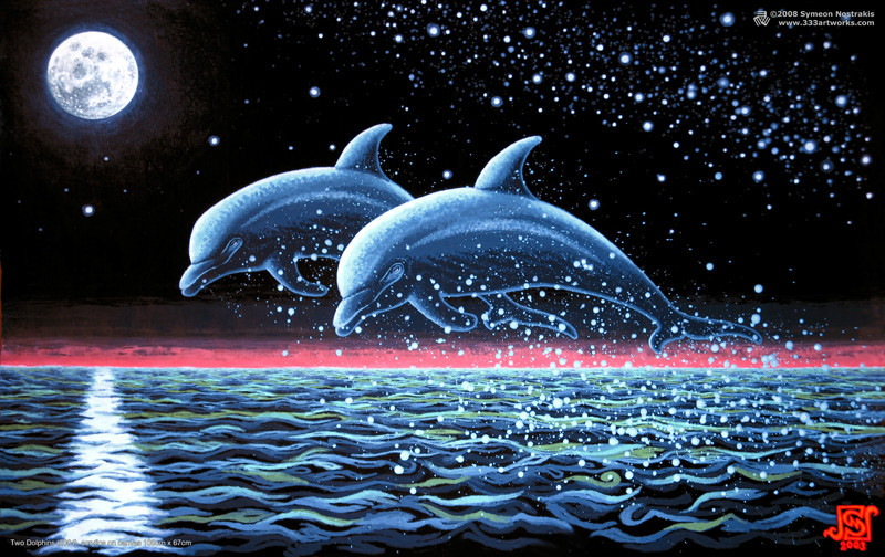 FULL MOON DOLPHINS Psychedelic Art UV Black Light Poster