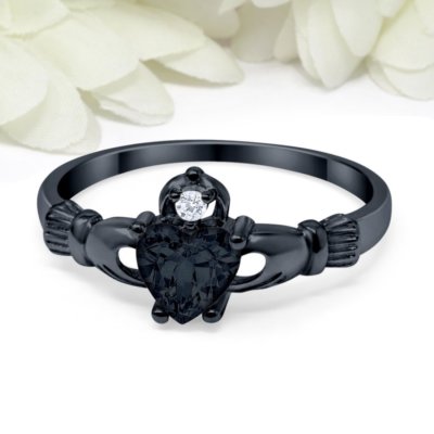 Heart Cut Black Simulated Diamond Claddagh Ring in 14K
