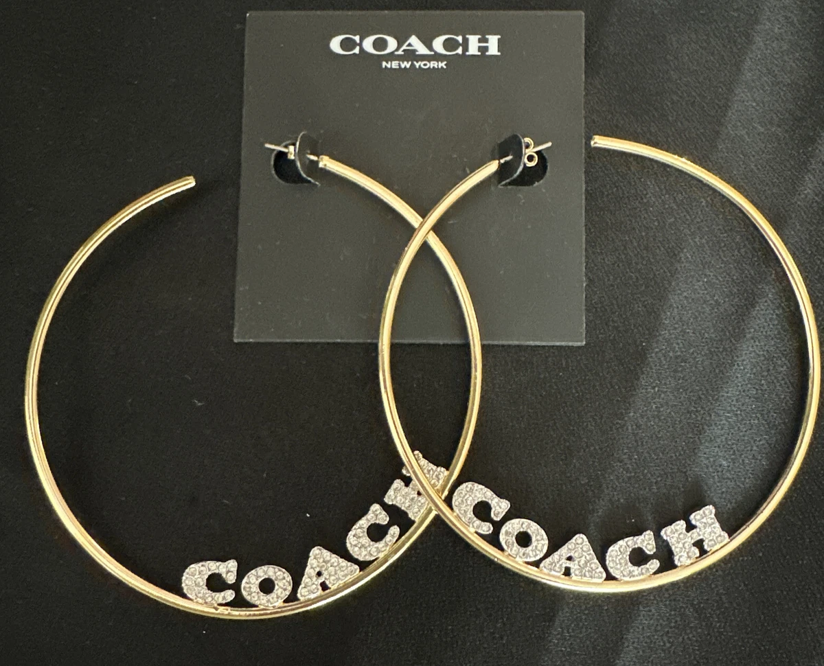 COACH Logo Pave Crystals Hoops Gold 3in