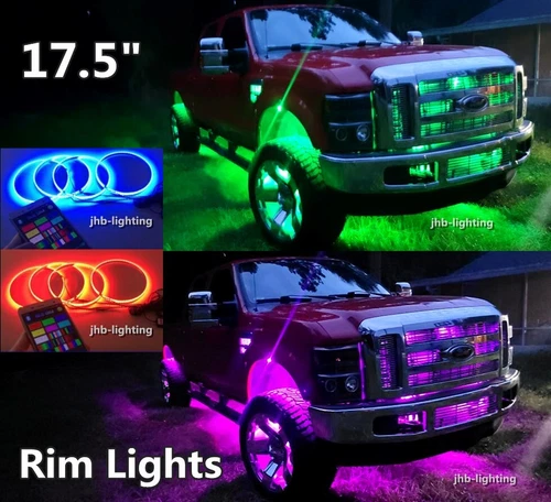 Set (4) 17.5" Remote Bluetooth APP RGB Color Changing LED Wheel Rim Rings Lights