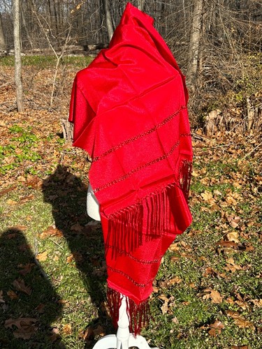 Fringed Rebozo Chalina Shawl Wrap Hand Loom Sta. Maria Mexico 6.2x2 Red SM11 - Picture 5 of 7