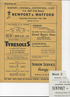 1956/57 FA Cup 1st Round NEWPORT (IoW) v. WATFORD (programme ticket insert)