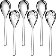 6-Piece Slotted & Solid Serving Spoons Set, 9.4 Inch Stainless Steel Perforated