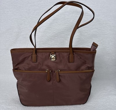 Michael Kors Kempton Shopper Nylon Tote Bag Brown Purse Pockets Strap